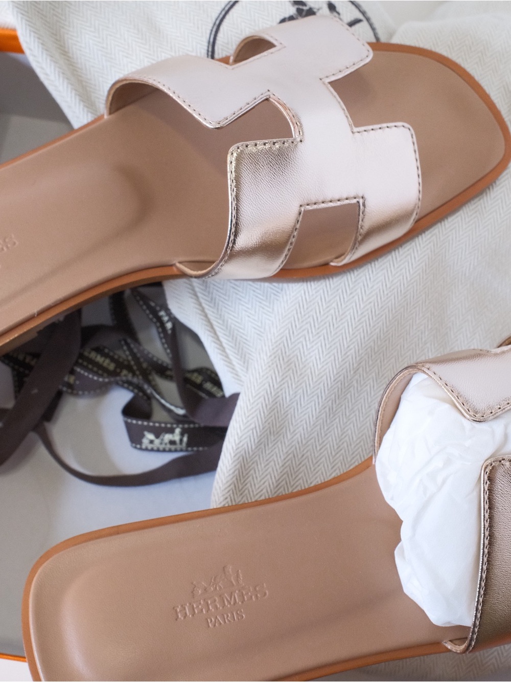 Hermes Rose Gold AMO Slide Sandals with Tan Footbed